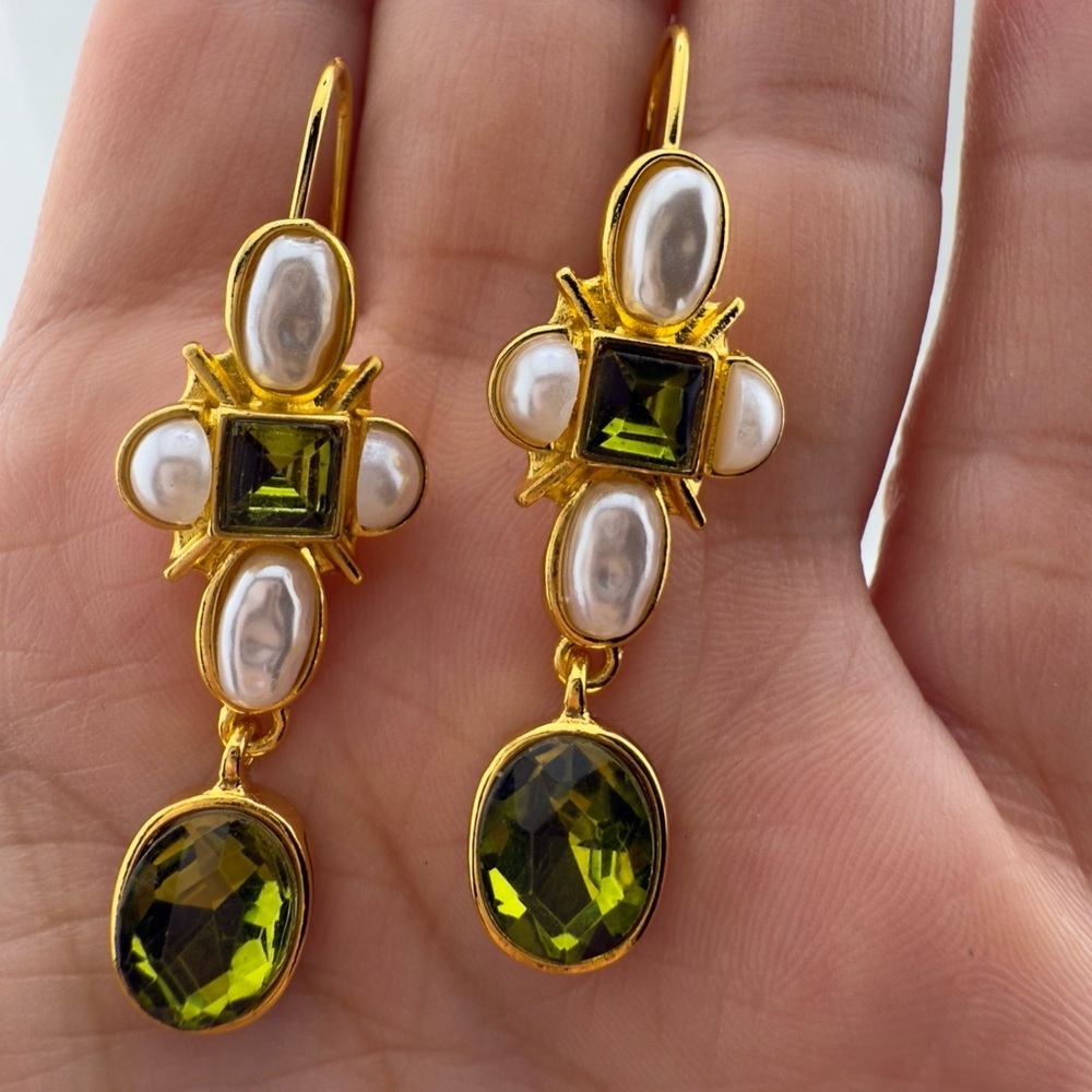 Vintage Gold color pearl and Green Drop Earrings